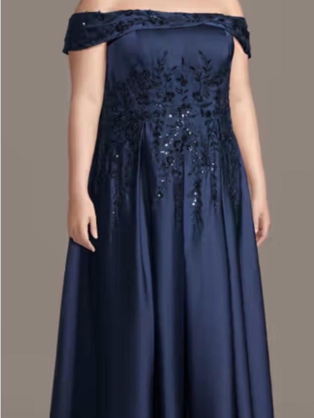 Oleg Cassini Navy Off-Shoulder Evening Gown with Sequin and beading embelishment